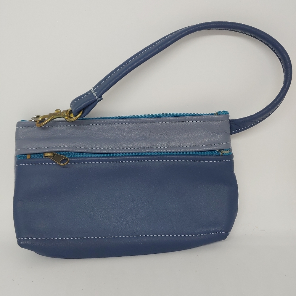 Tri Colored Blue Genuine Leather Sky Path Design Wristlet Purse